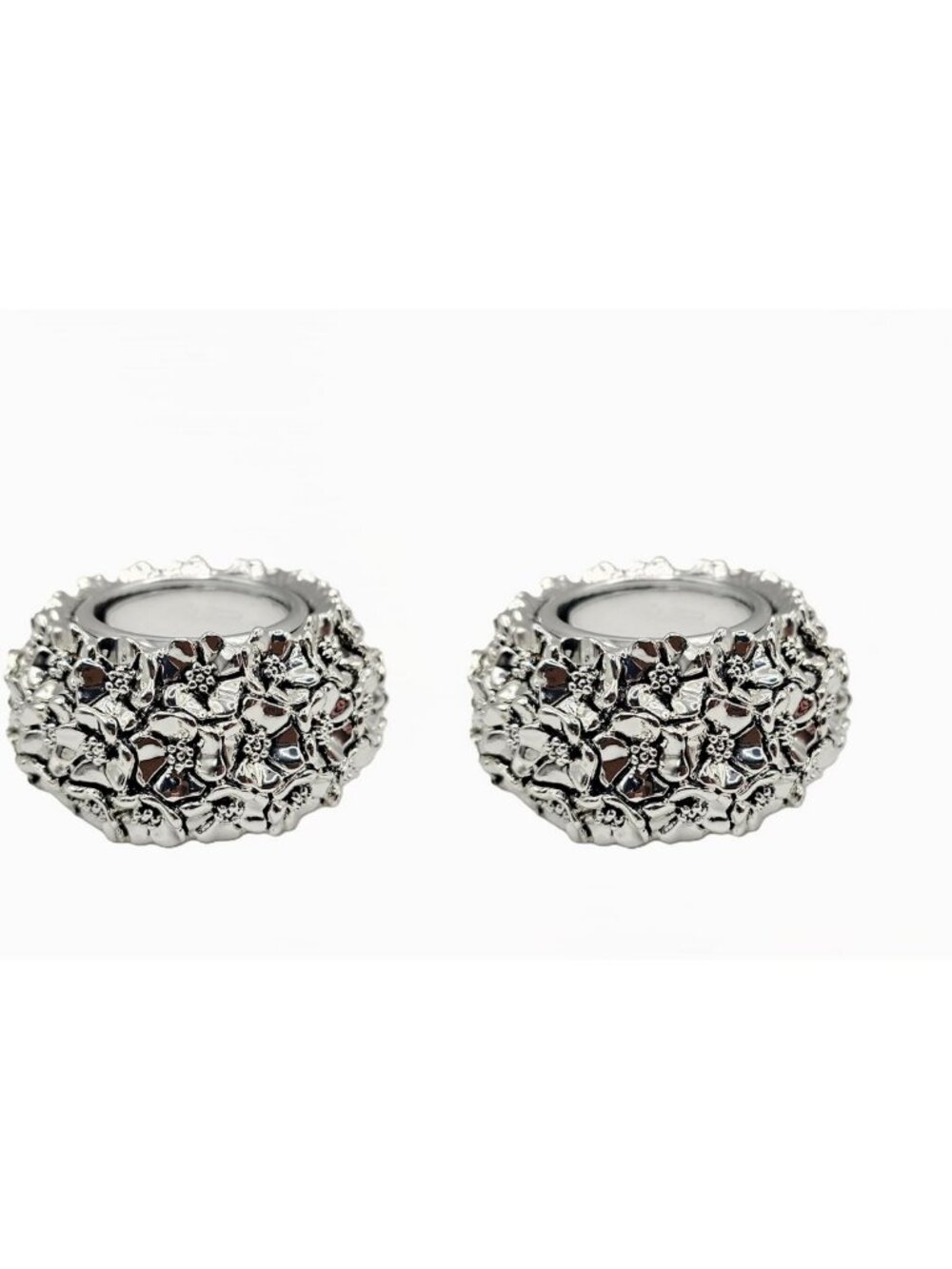 Floral Tealight Candle Holders Set of 2 - Elegant Silver-Plated Decor for Home
